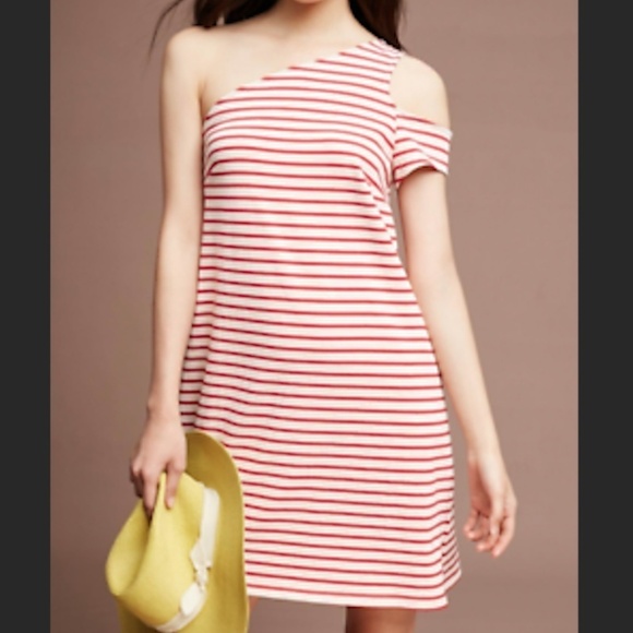 ANTHROPOLOGIE Maeve Red Cream Striped One Shoulder Marketa Shift Dress Small - Picture 1 of 6